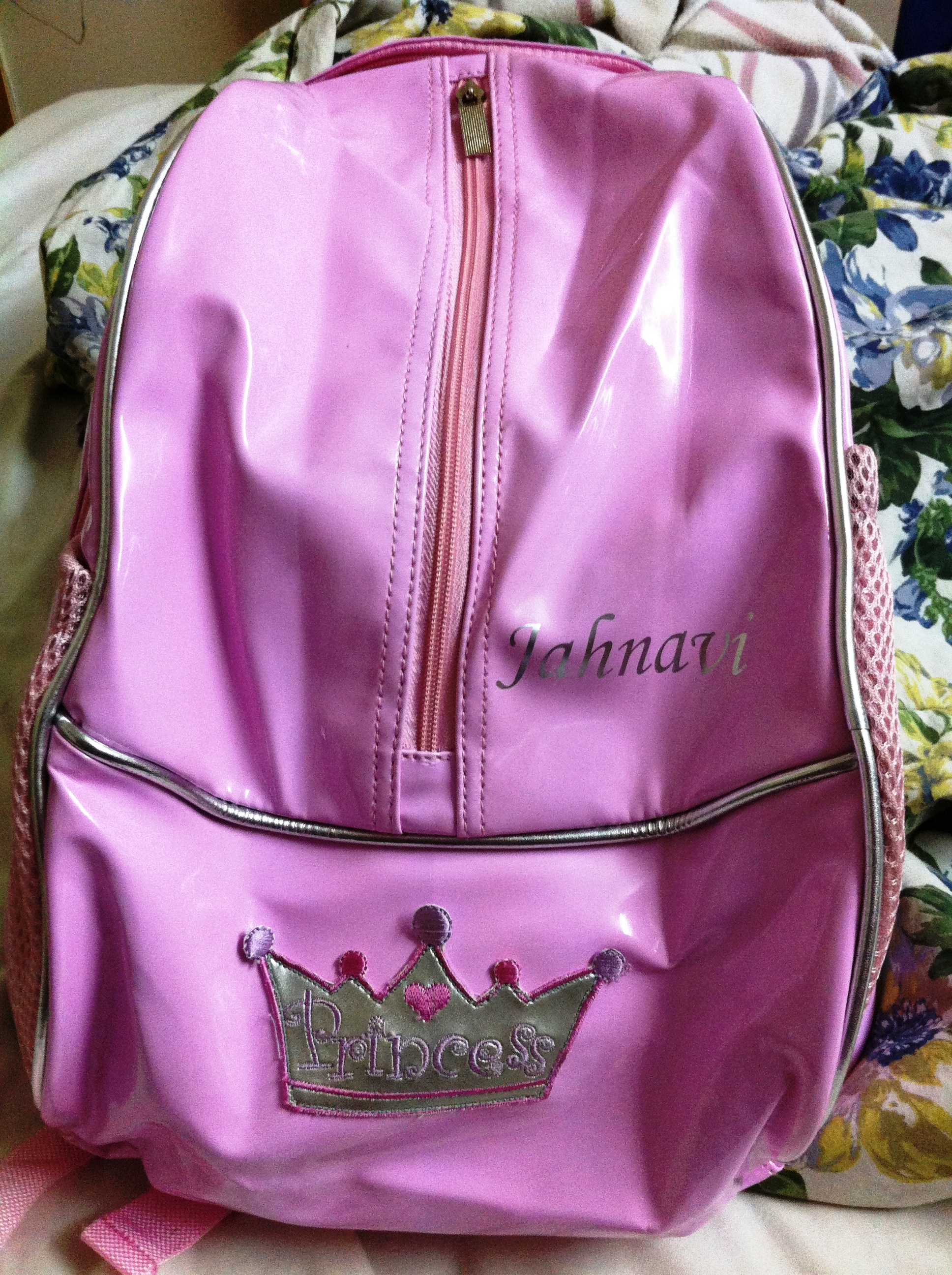 The return gift - a backpack embossed with the snubnose's name and a little crown saying "Princess"