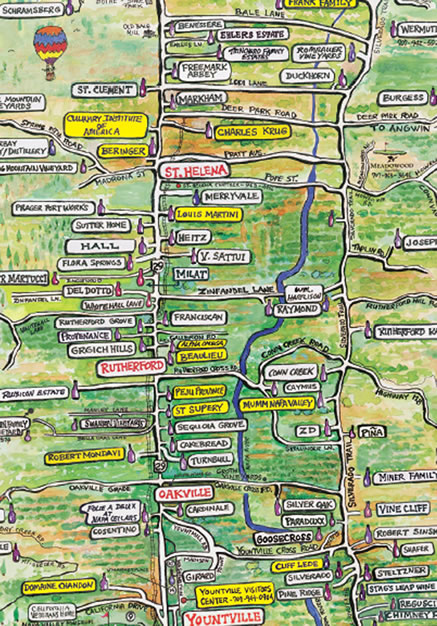 Simplified Napa Valley map showing all the winery locations