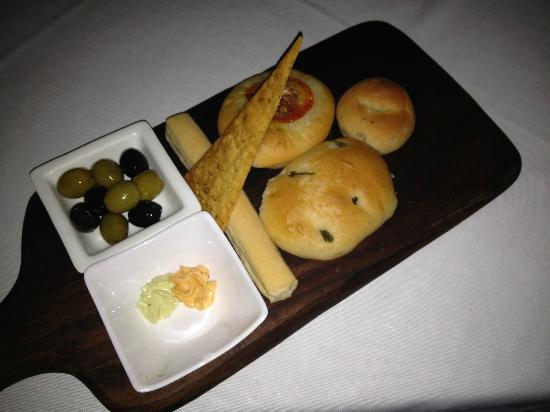The complimentary Olive Beach bread and olive platter